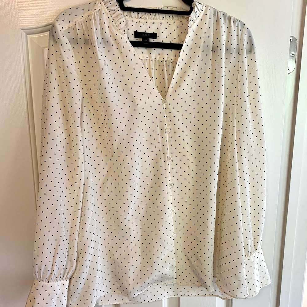 Silk swiss dot blouse with ruffle neck